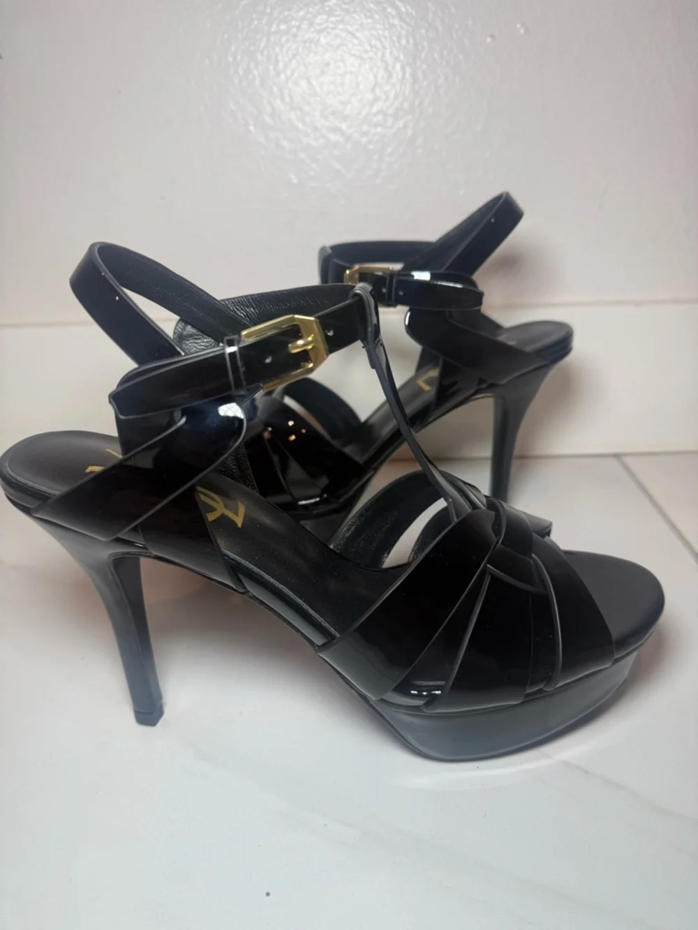 Yves Saint Laurent Black Patent Leather T-Strap Platform Heels with Gold Buckle - Picture 3 of 9